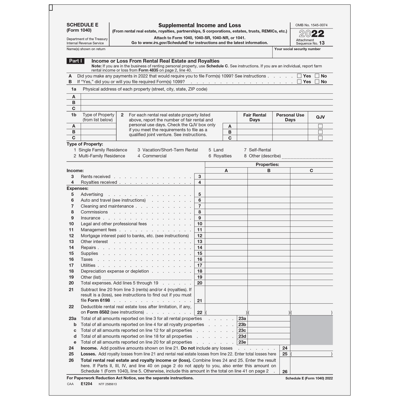 E1204 Form 1040 Schedule E Supplemental Income And Loss Page 1 