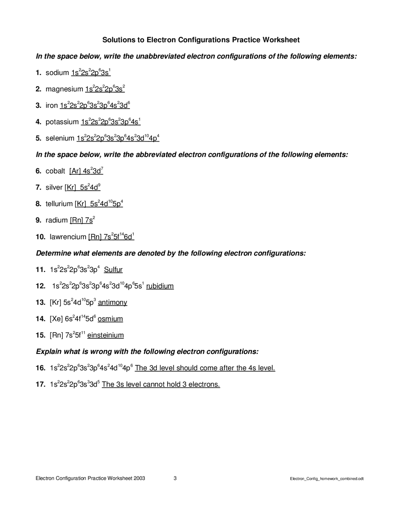 Electron Configuration Practice Worksheet 2003 Exercises 
