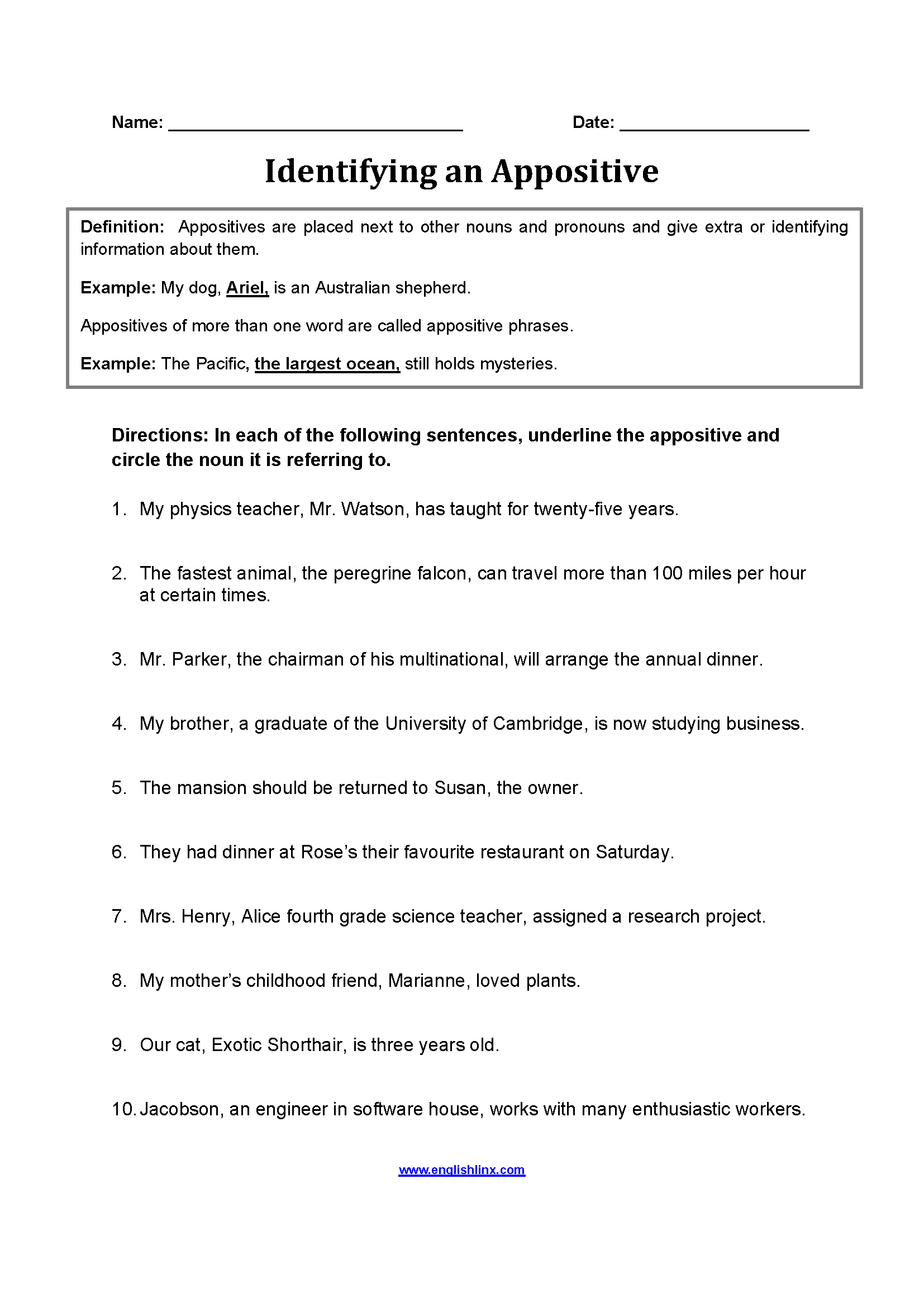 Englishlinx Appositives Worksheets