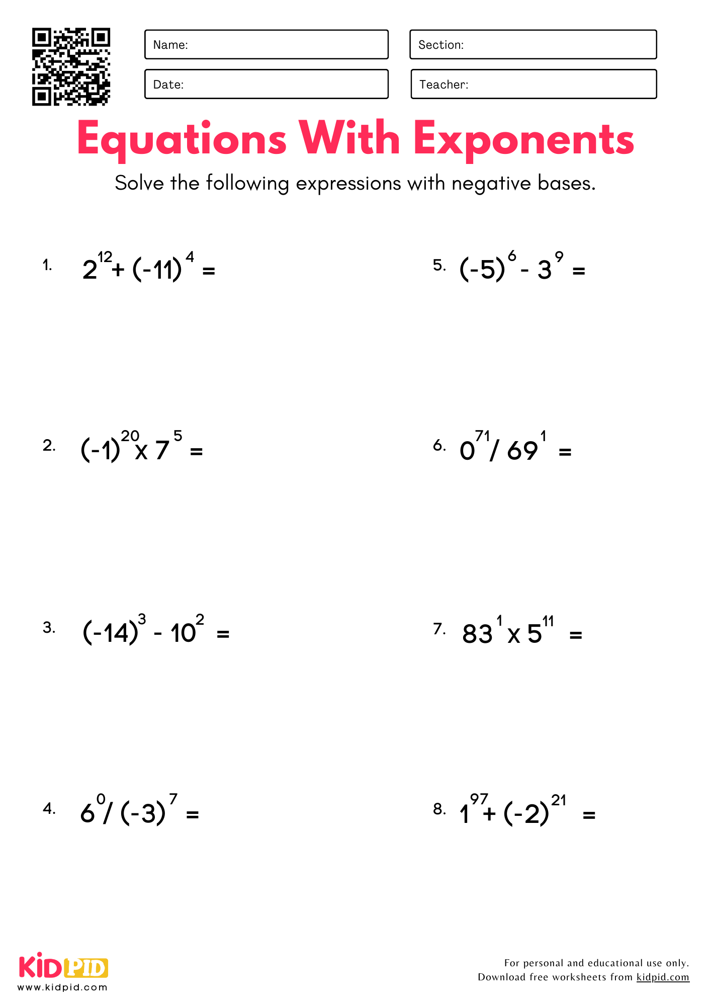 Equations With Exponents With Negative Bases Worksheet For Grade 6 