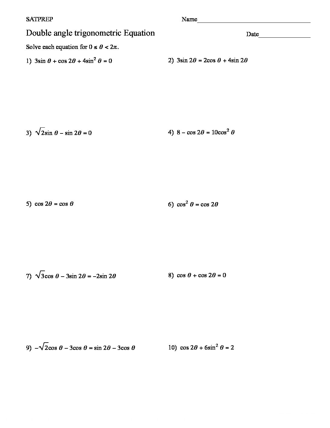 Evaluate Trig Equations Using The Double Angle Formula 