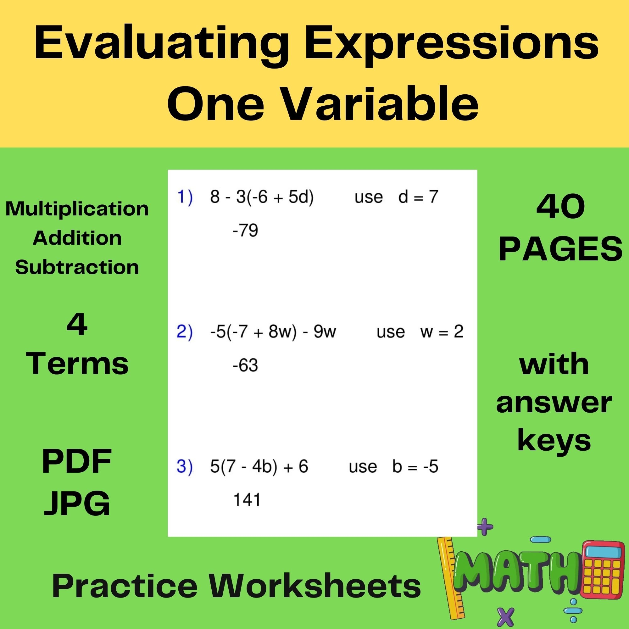 Evaluating Algebraic Expressions Worksheet One Variable Pre Algebra Made By Teachers