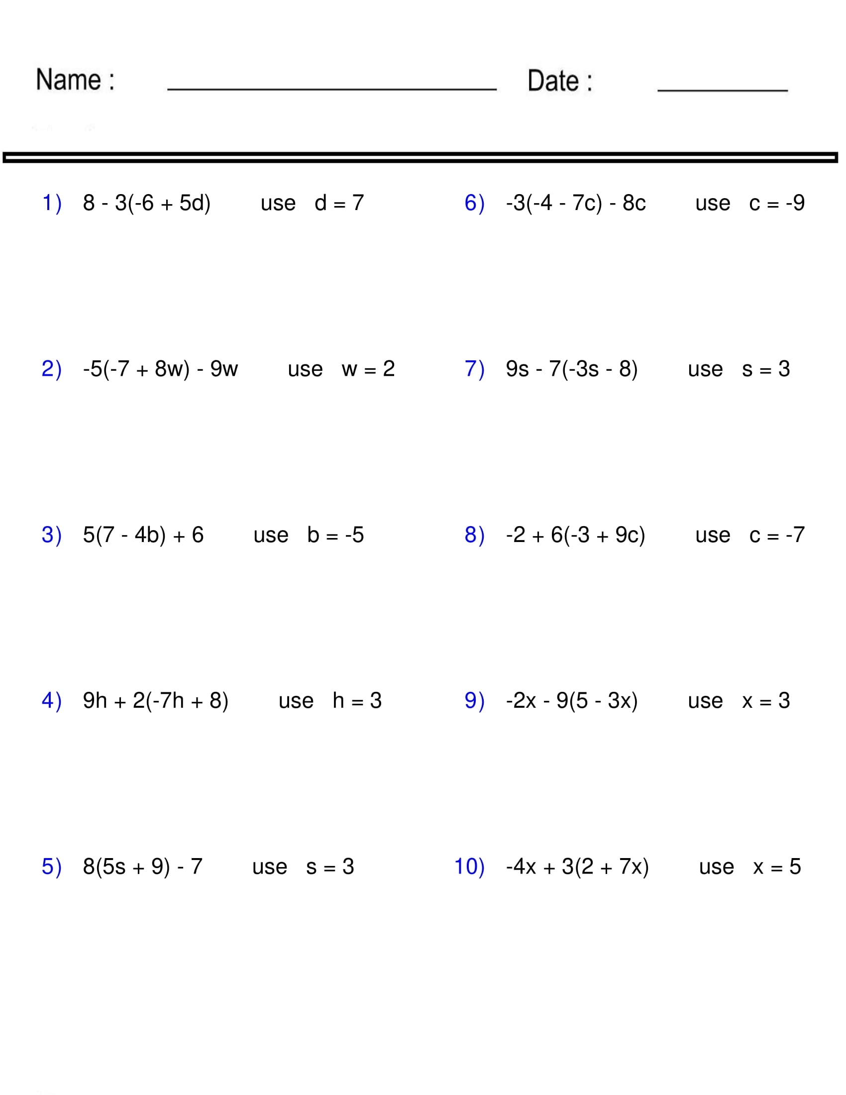 Evaluating Algebraic Expressions Worksheet One Variable Pre 