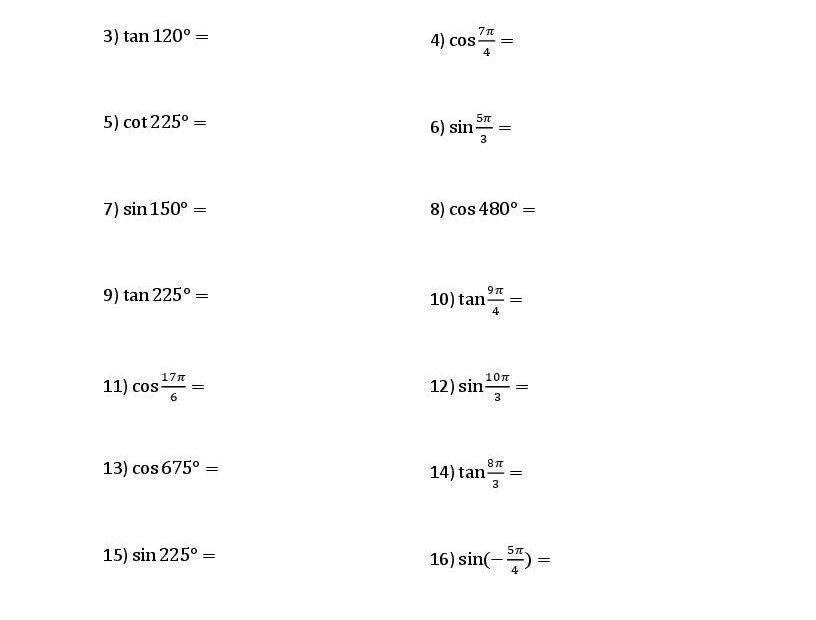 Evaluating Each Trigonometric Function Worksheets