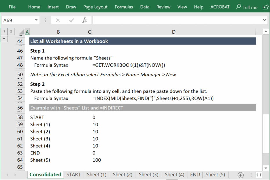 Excel List All Worksheets In A Workbook On One Tab A Simple Model