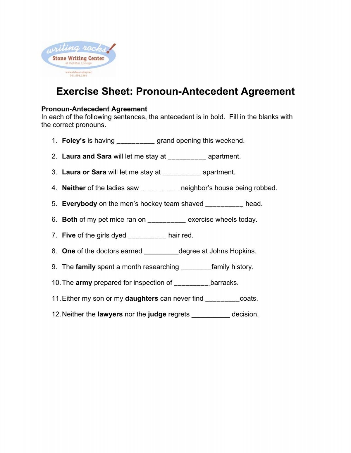 Exercise Sheet Pronoun Antecedent Agreement Del Mar College