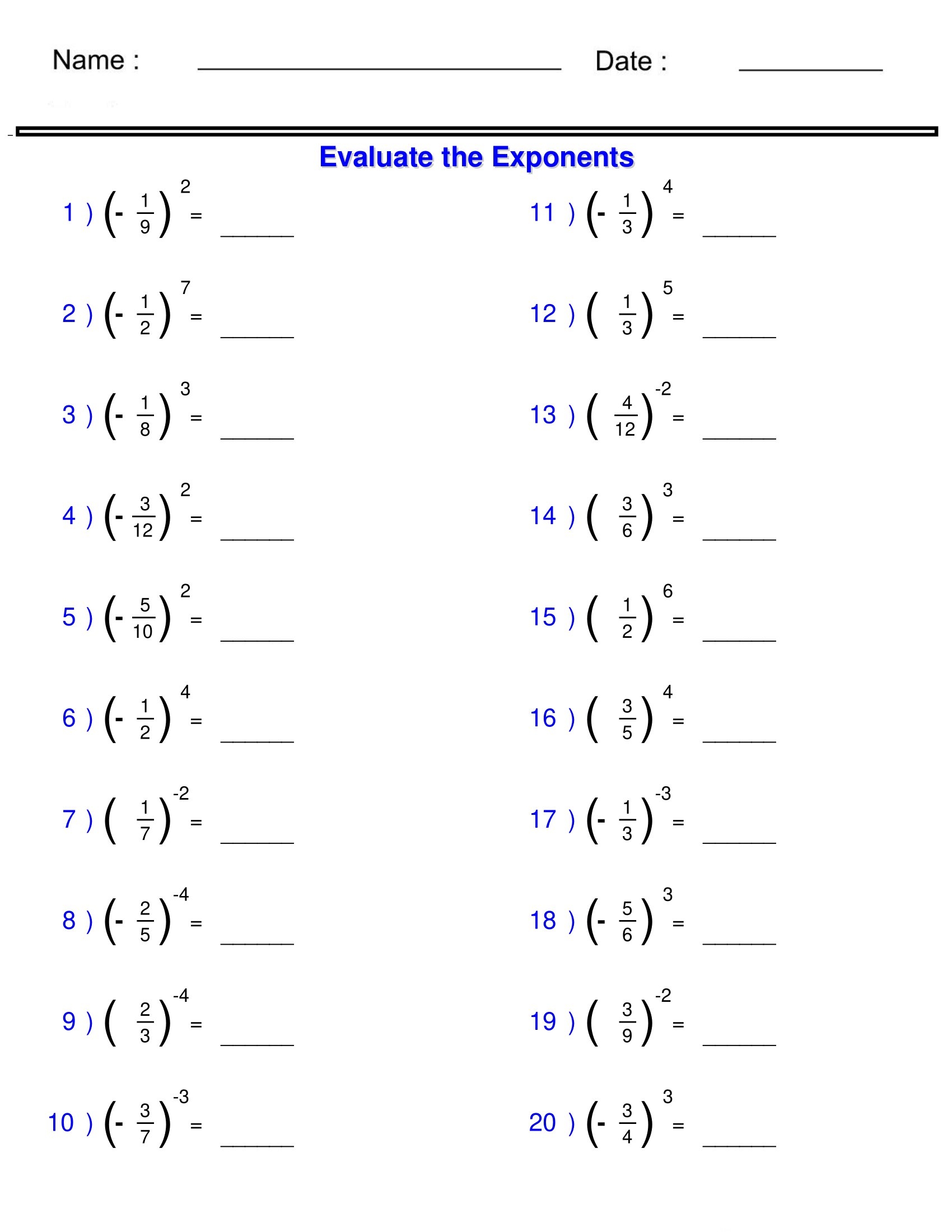6th grade exponents worksheet