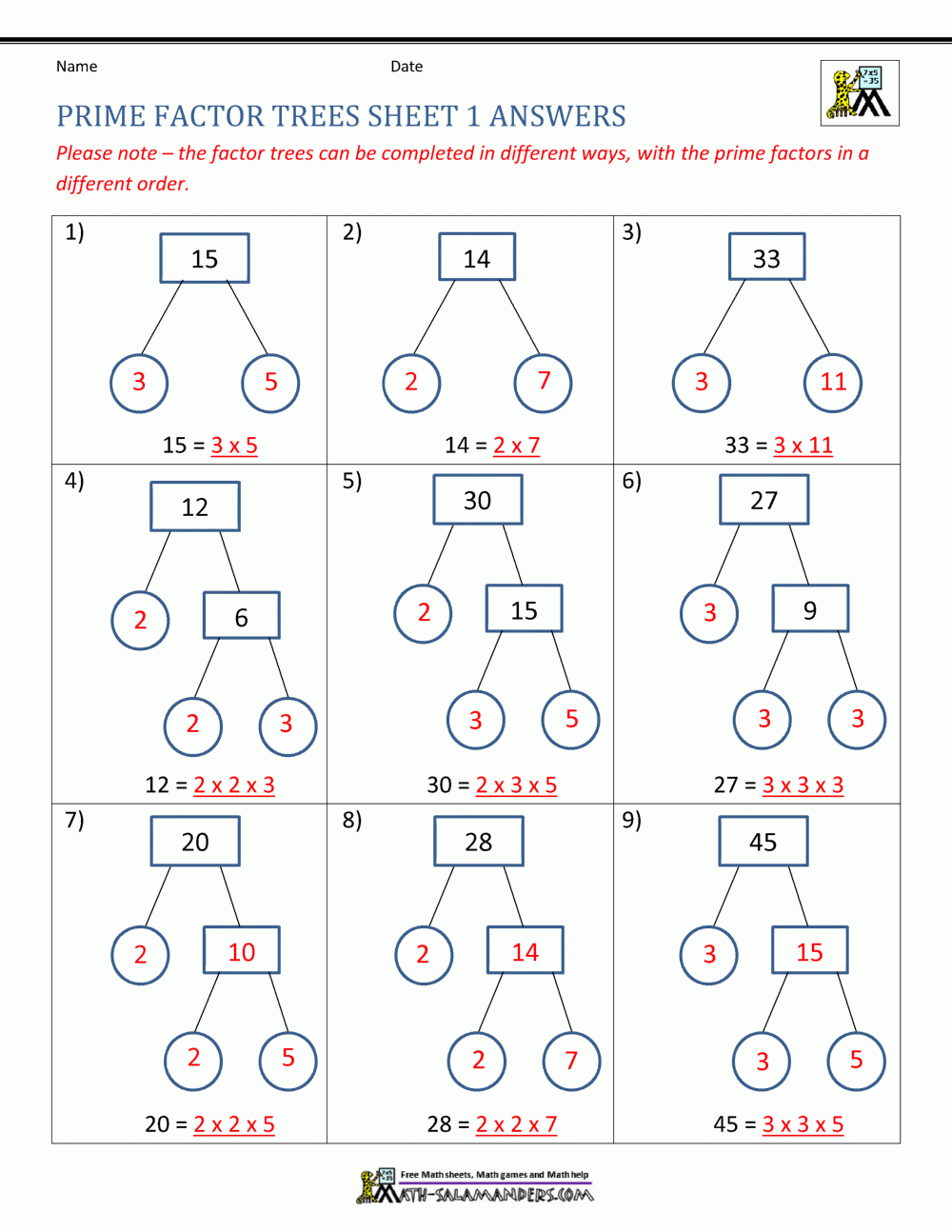 factors and prime factorization worksheets