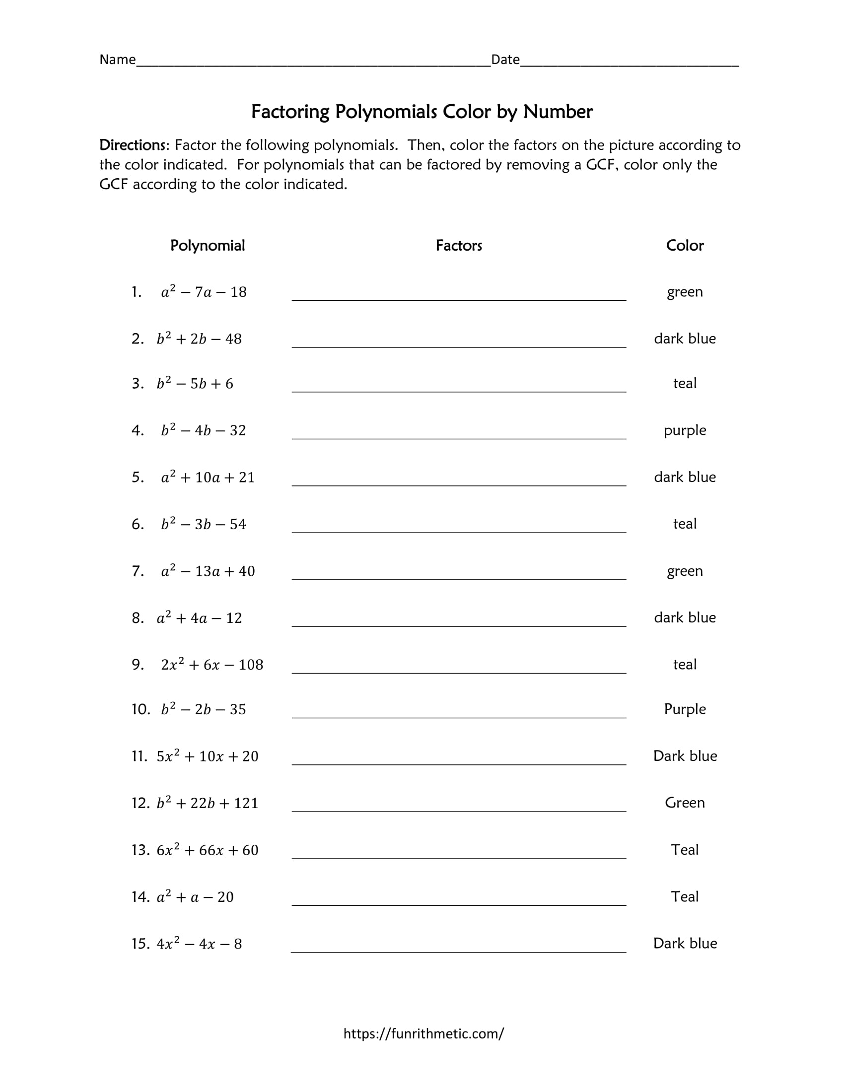 Factoring Polynomials Color By Number