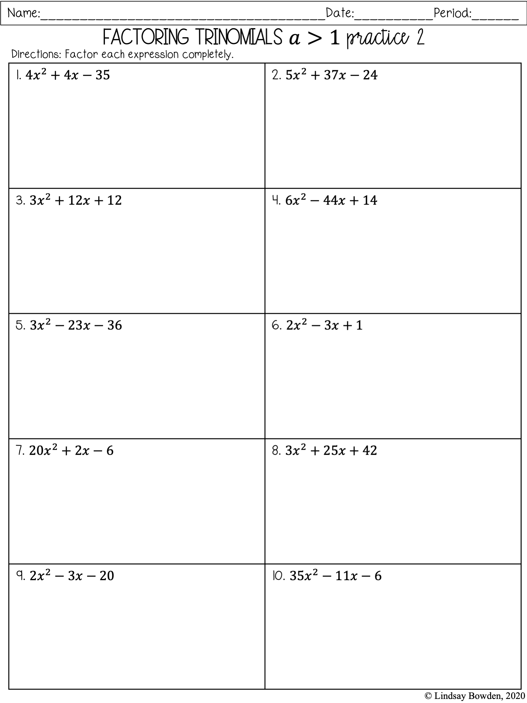Factoring Polynomials Notes And Worksheets Lindsay Bowden 