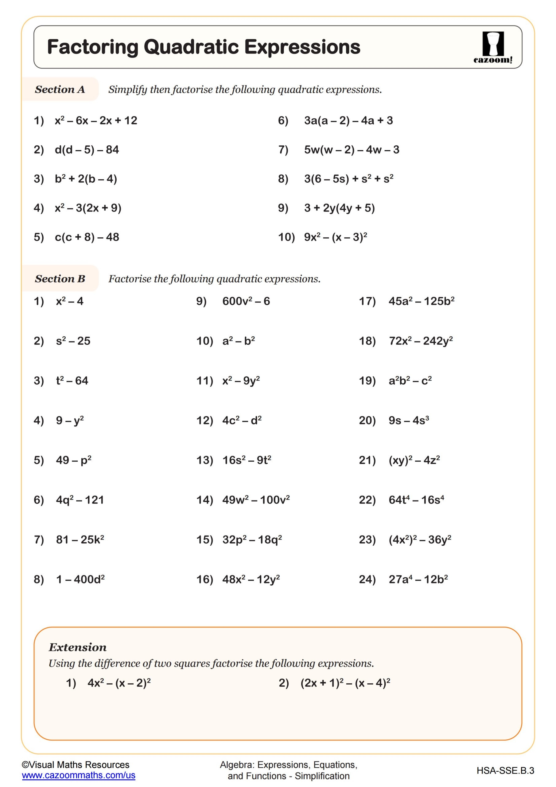 factoring expressions worksheet