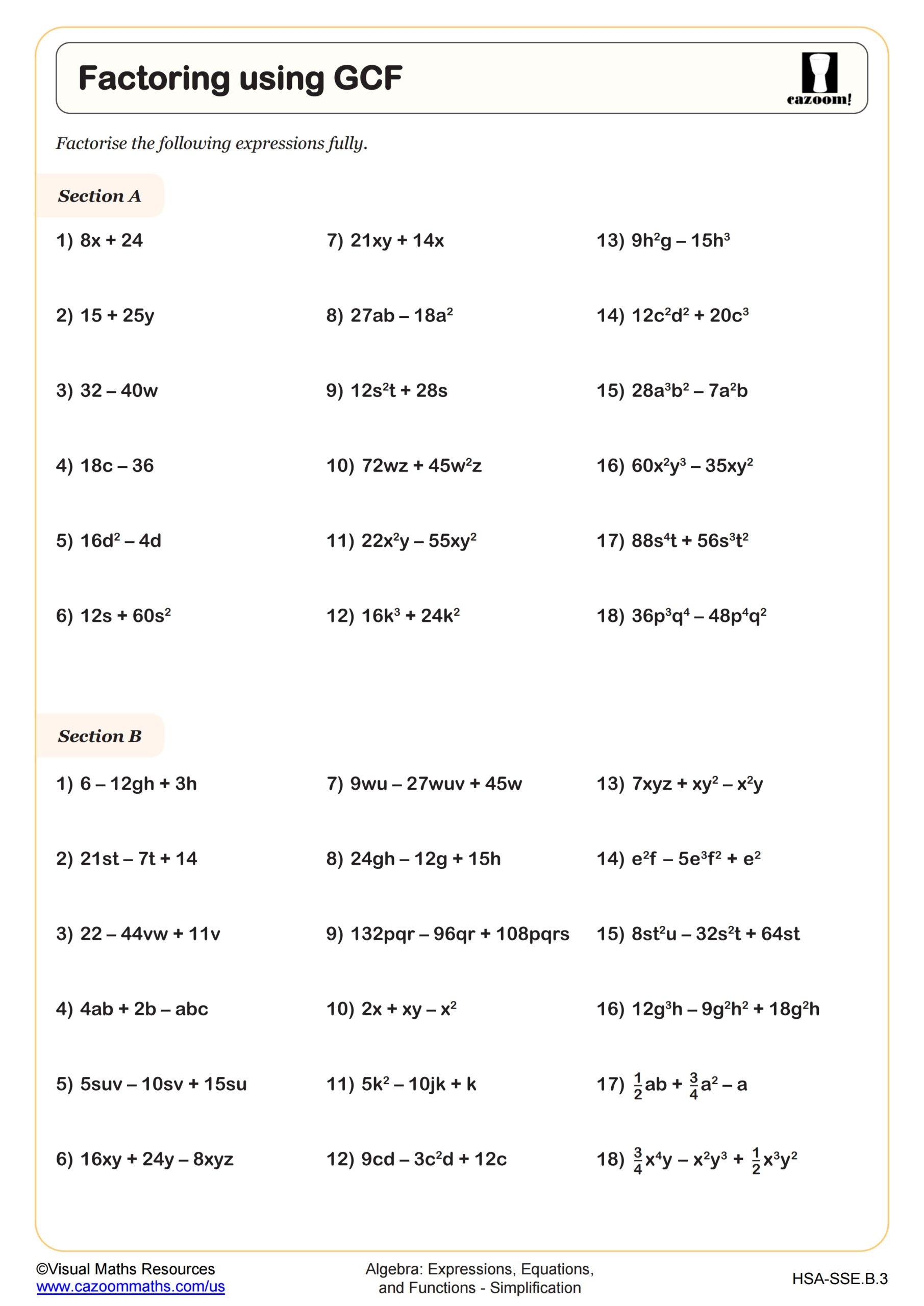 Factoring Using GCF Worksheet PDF Printable Algebra Worksheet