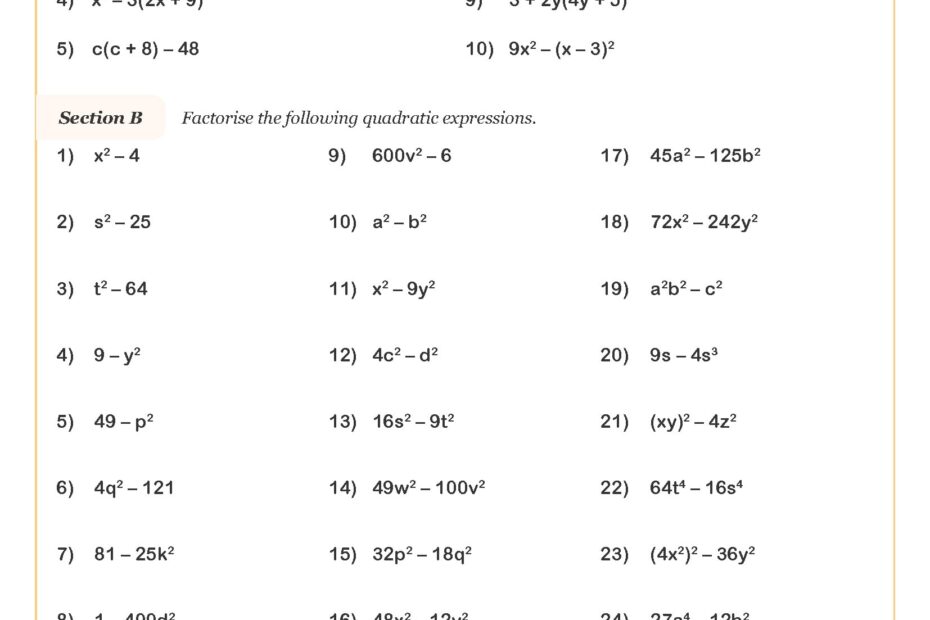 Factorising Quadratic Expressions C Worksheet Printable PDF Worksheets
