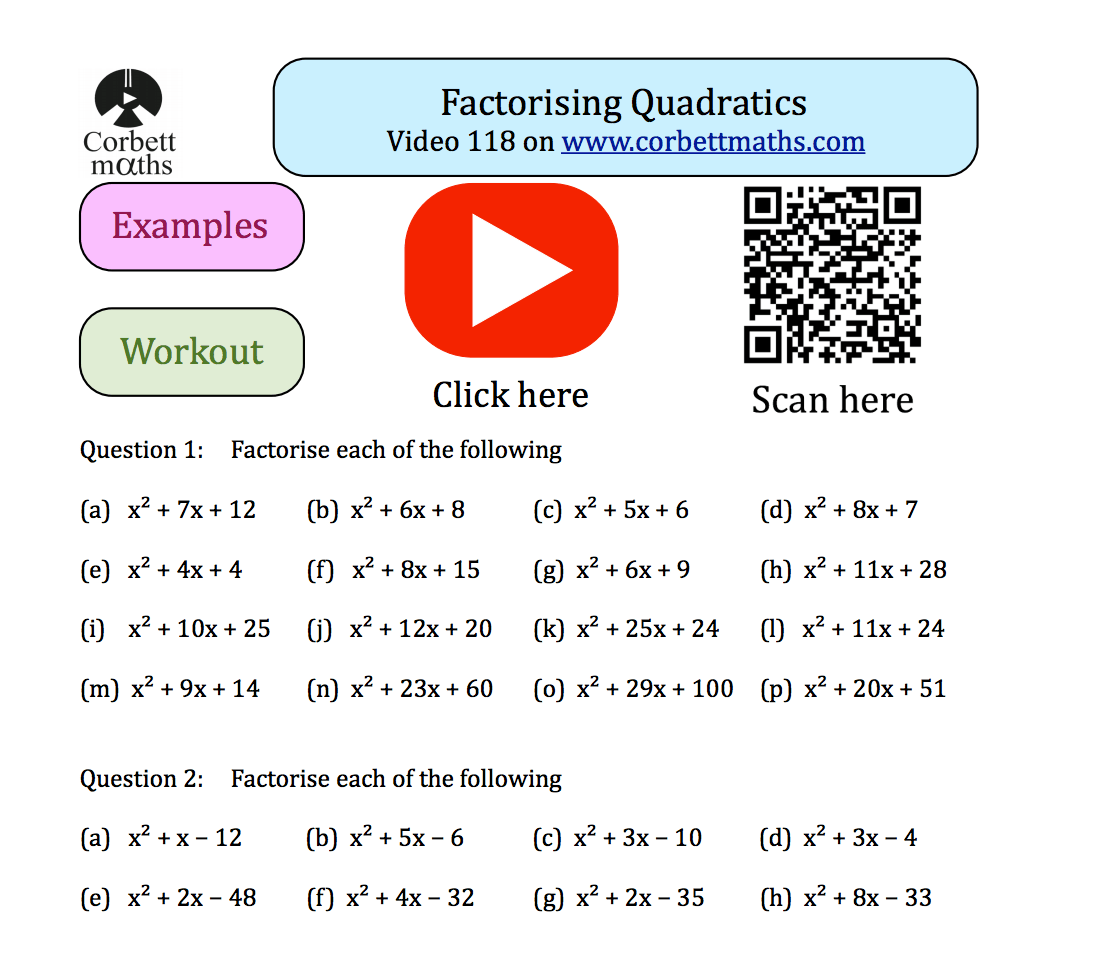 Factorising Quadratics 1 Textbook Exercise Corbettmaths Worksheets Library