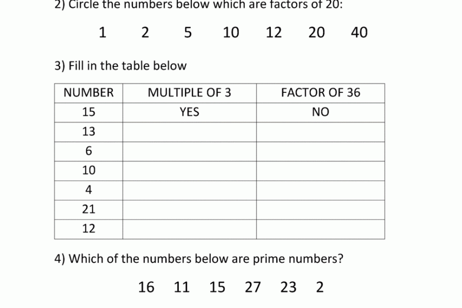 Factors And Multiples Worksheet