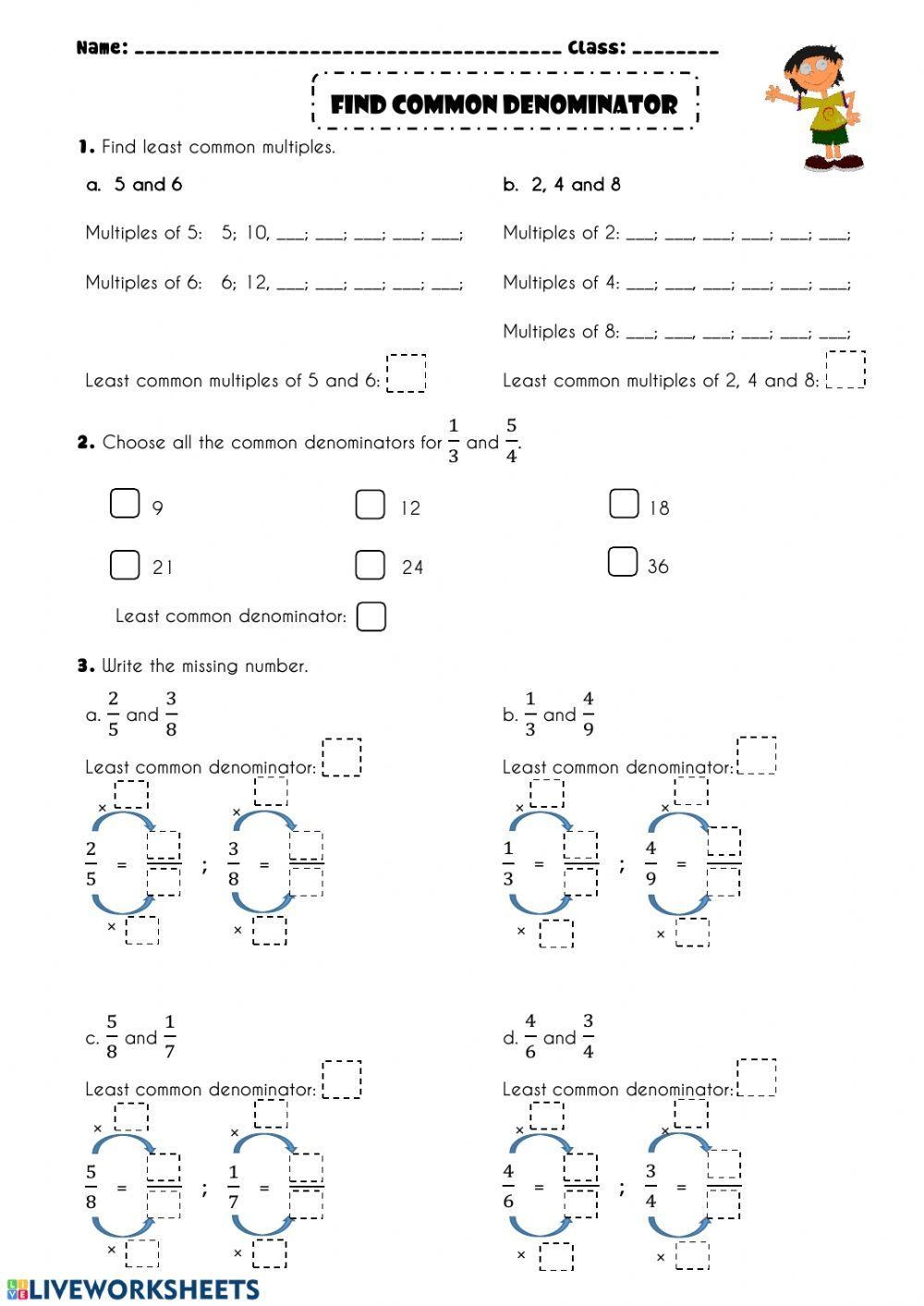 Find Common Denominators Practice Worksheet Live Worksheets 