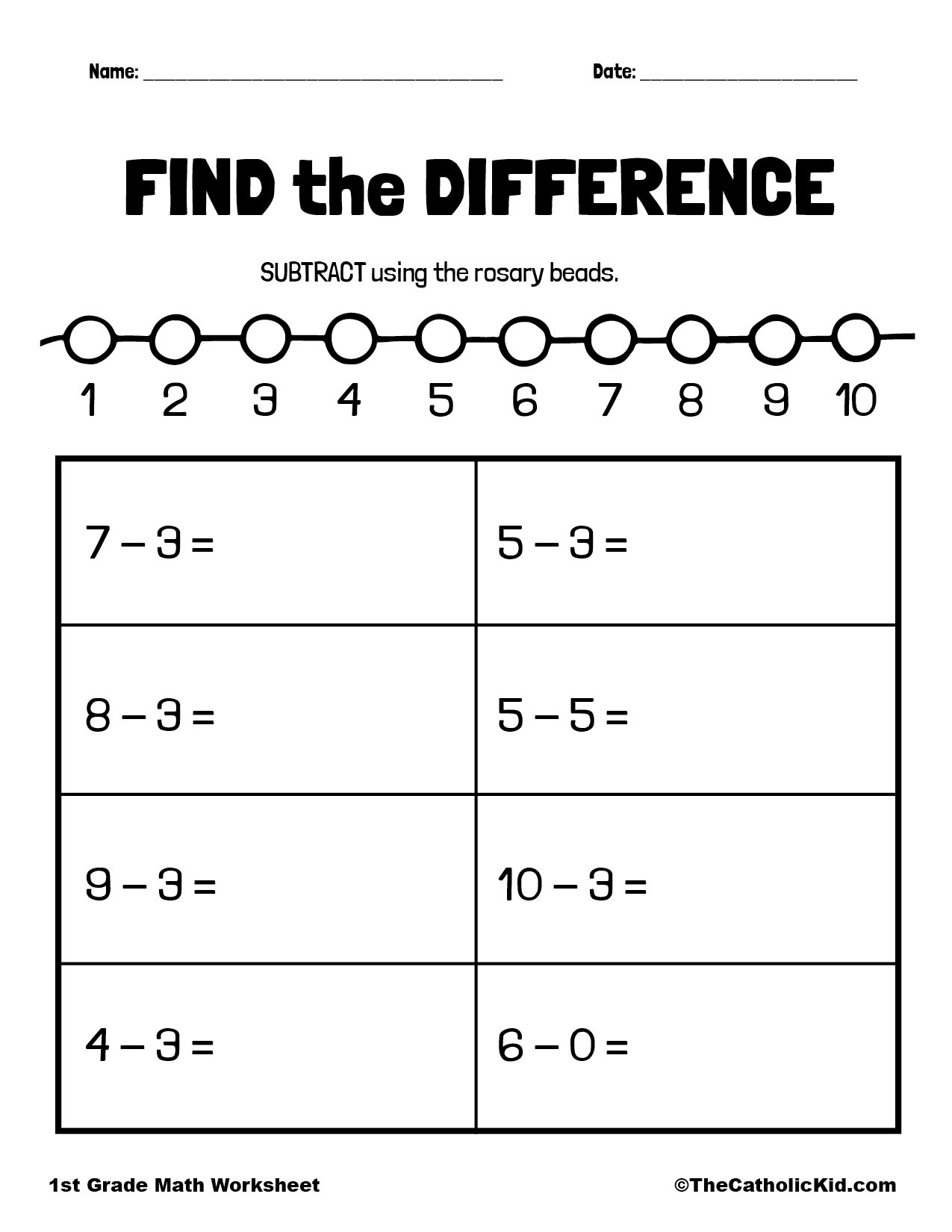 Find The Difference 1st Grade Math Subtraction Worksheet 