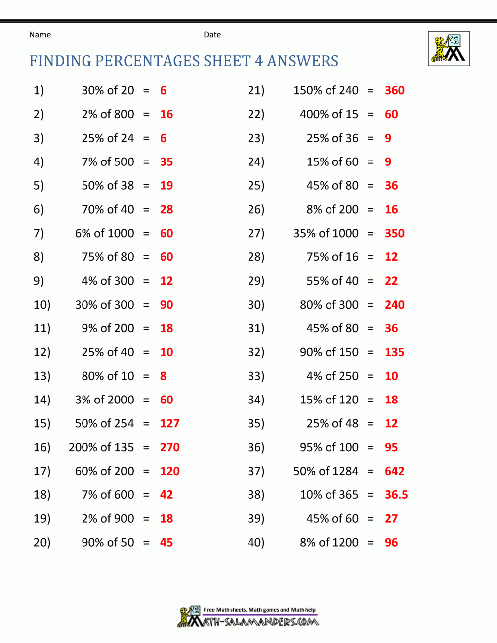 percentage worksheet