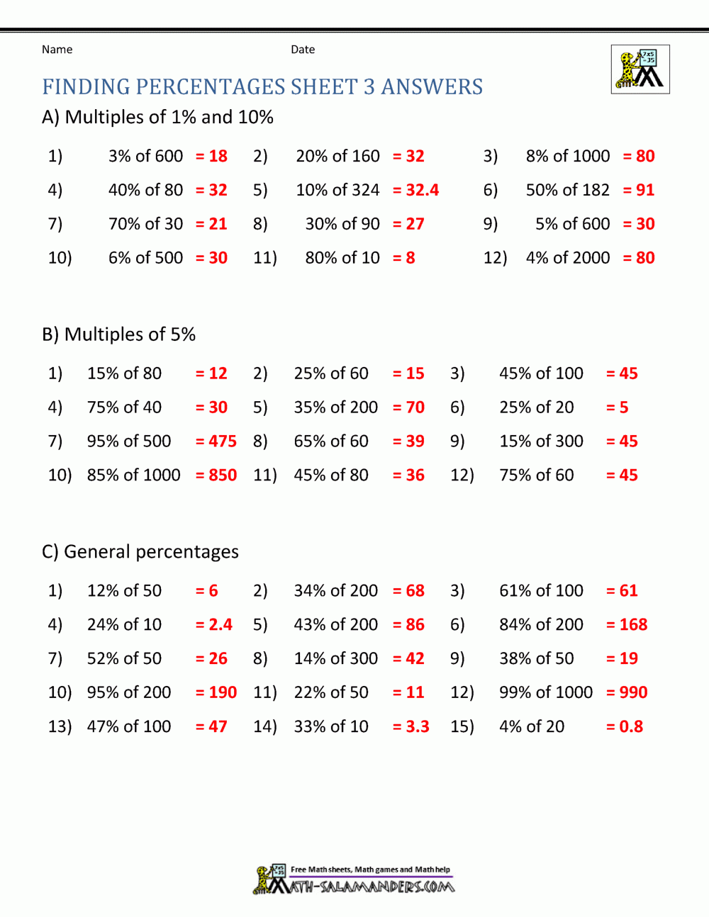 percents worksheet