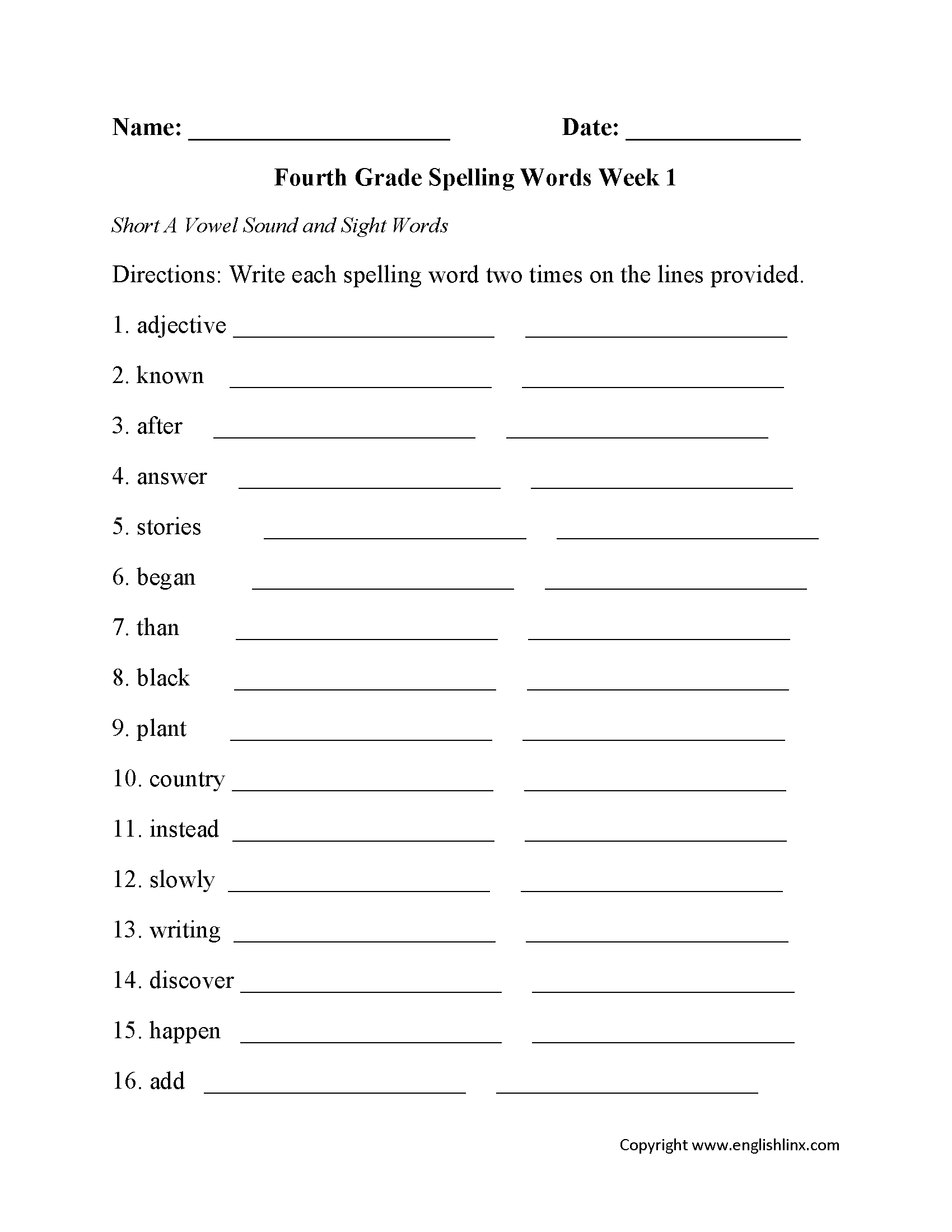 Fourth Grade Spelling Worksheets Free Printable Word Lists 