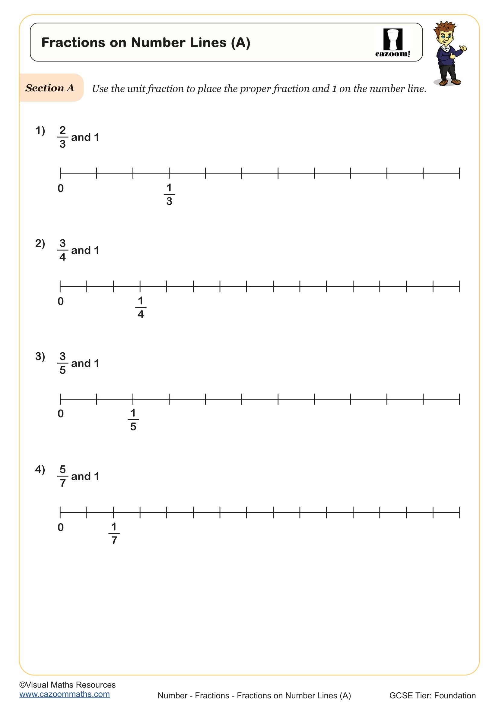Fractions On Number Lines B Worksheet Fun And Engaging Year 7 Number Worksheet