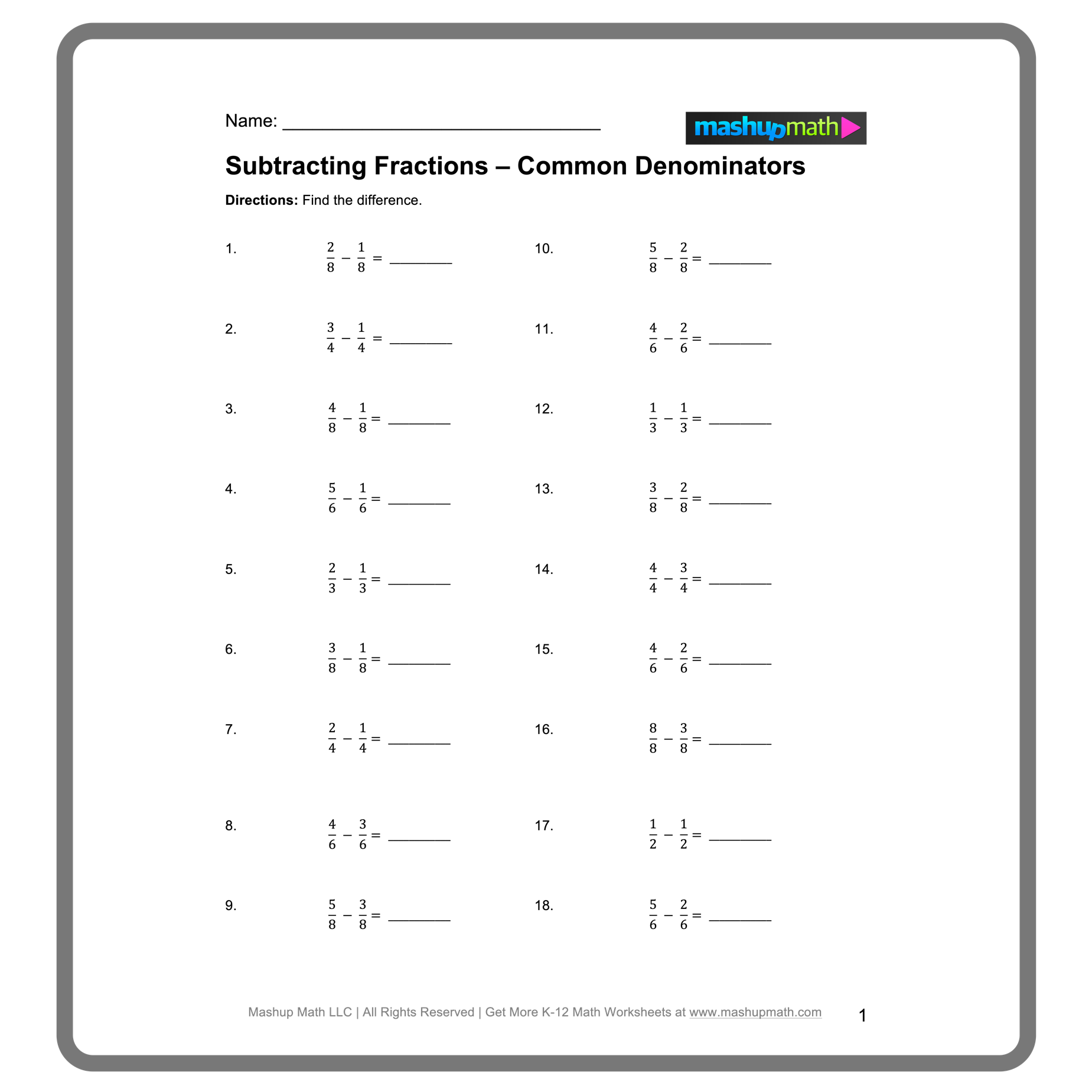 adding fractions with like and unlike denominators worksheets