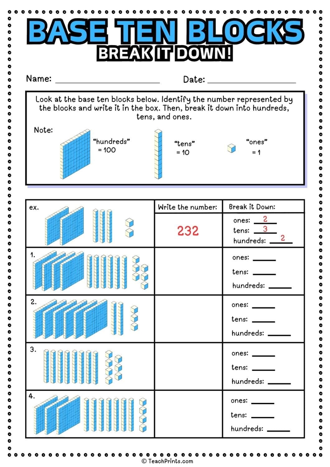 base 10 blocks worksheets