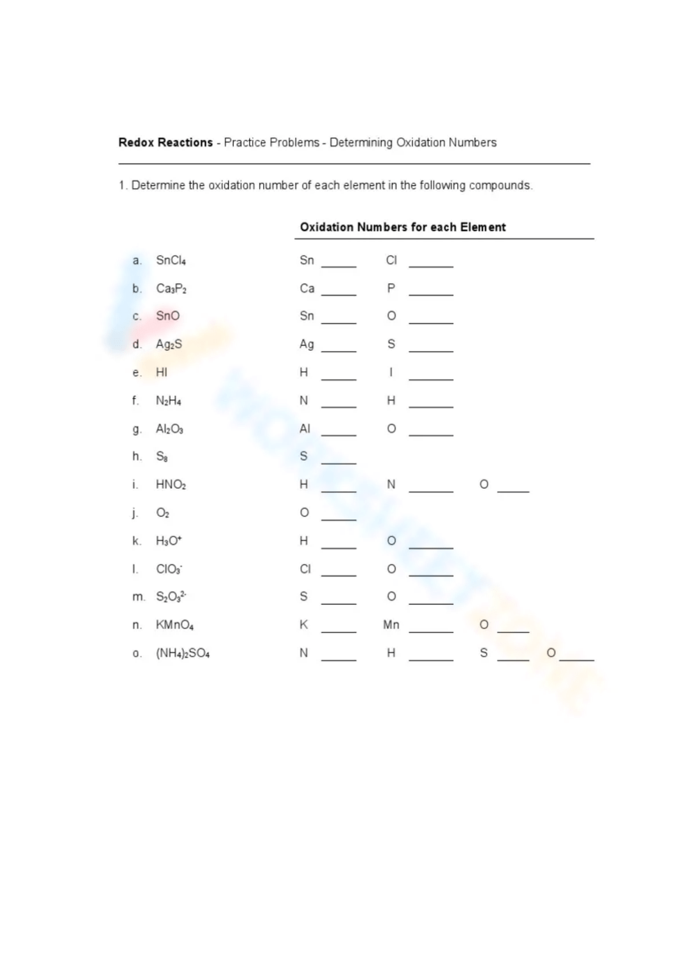 assigning oxidation numbers worksheet