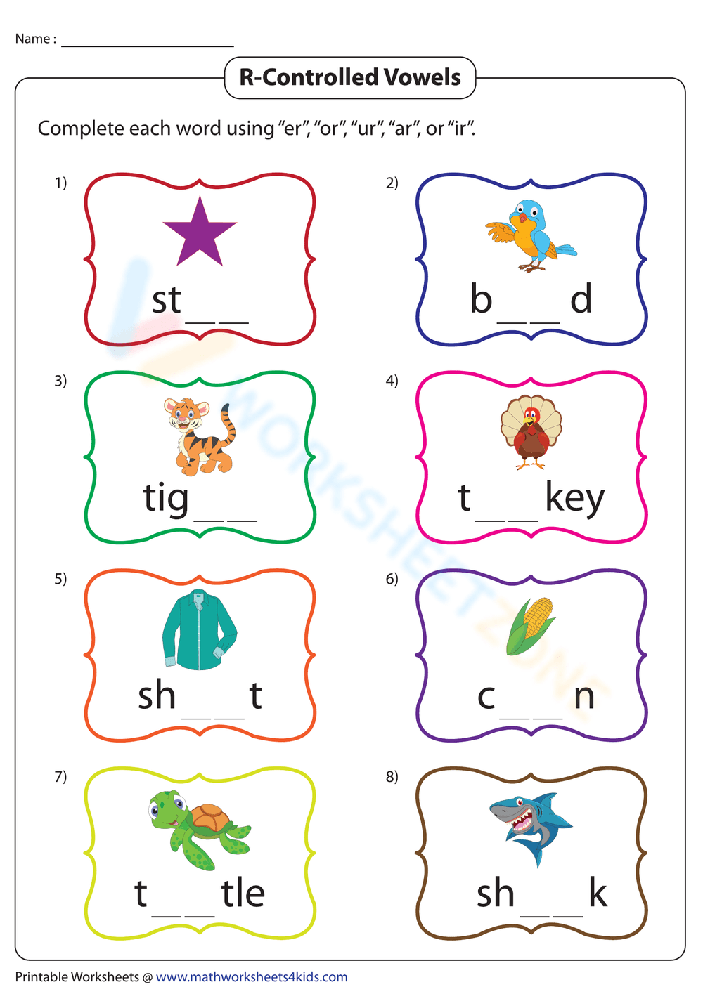 r controlled vowels or worksheets