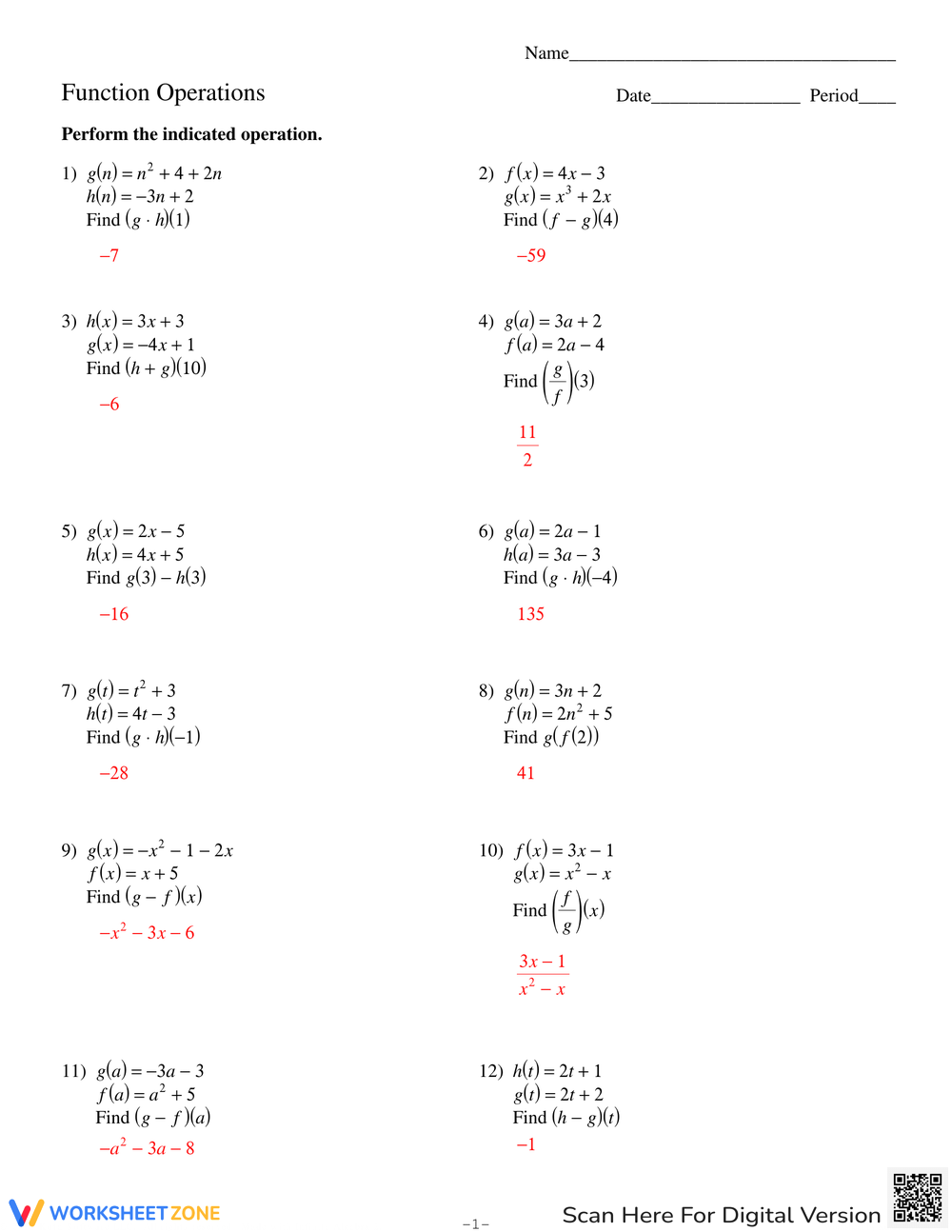 Free Printable Function Operations Worksheets For Students 