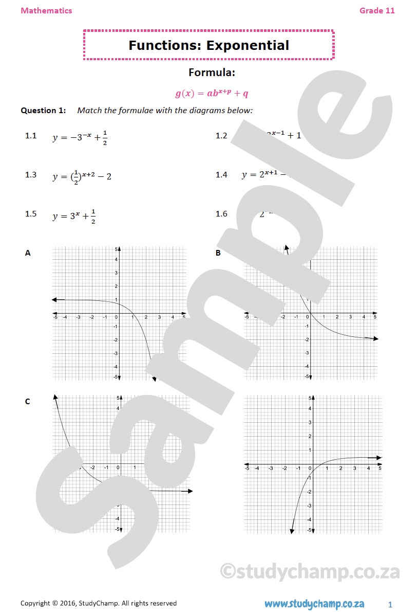 Grade 11 Mathematics Worksheet Functions Exponential Graphs