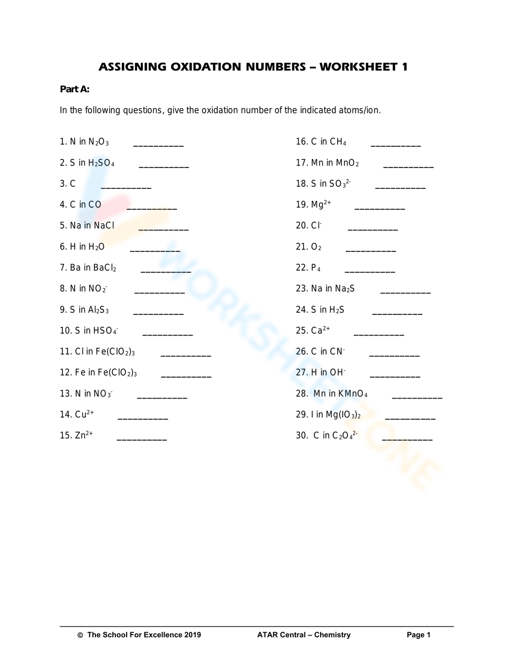 Grade 8 Assigning Oxidation Numbers Worksheets