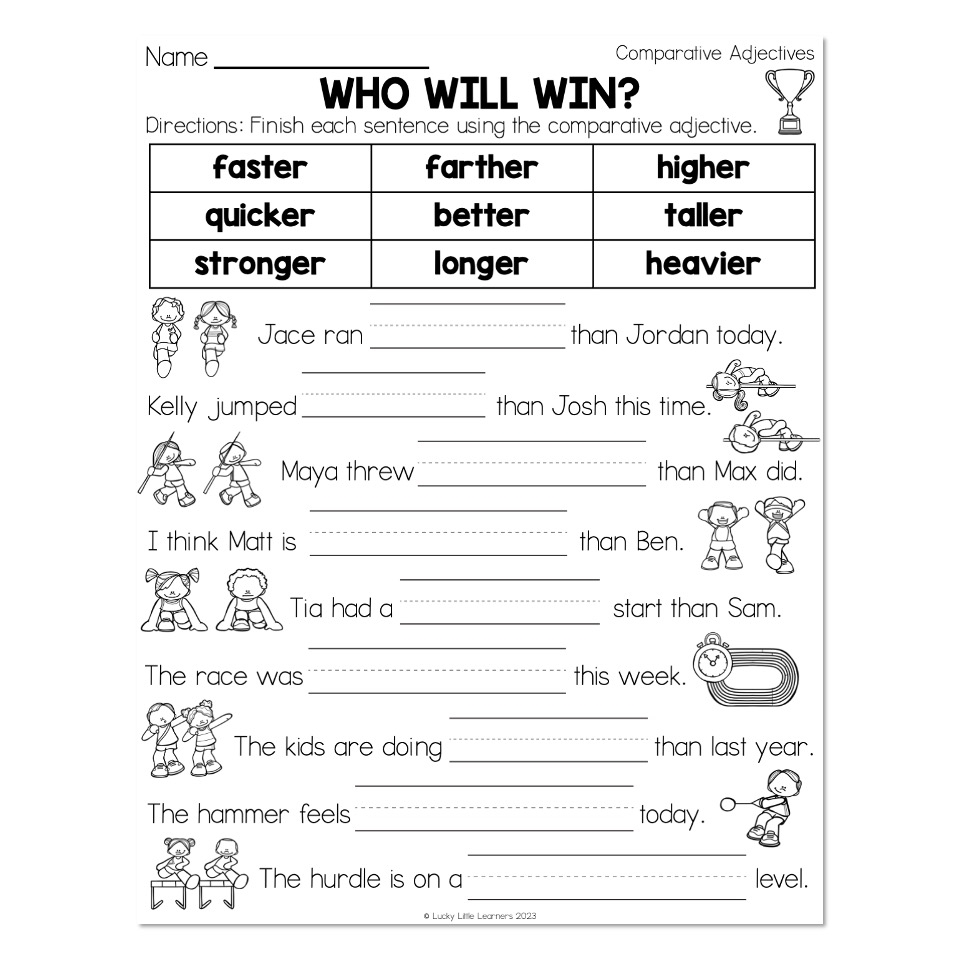 Grammar Worksheets Comparative Adjectives Who Will Win Lucky Little Learners