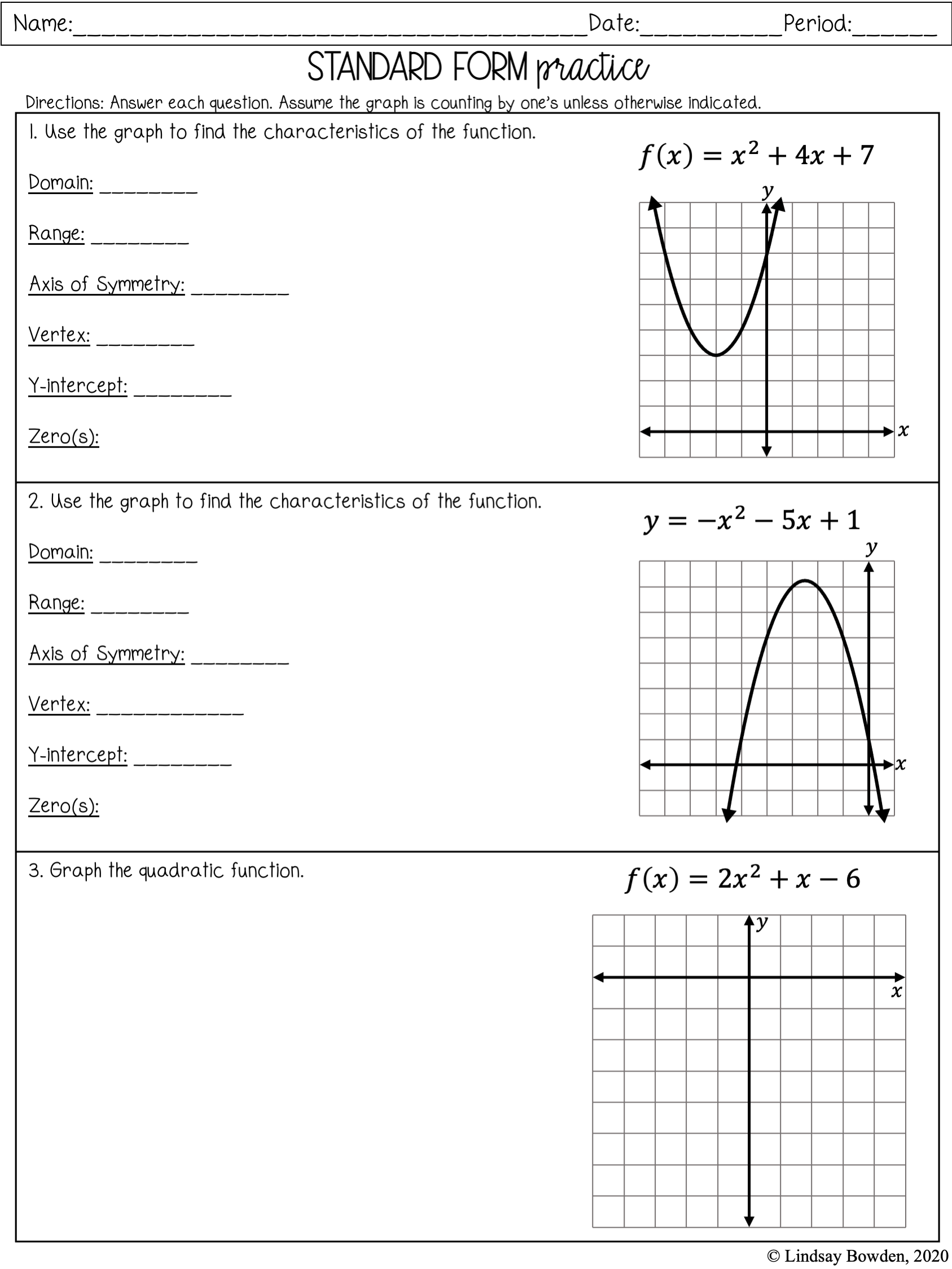 quadratic equation graphing worksheet