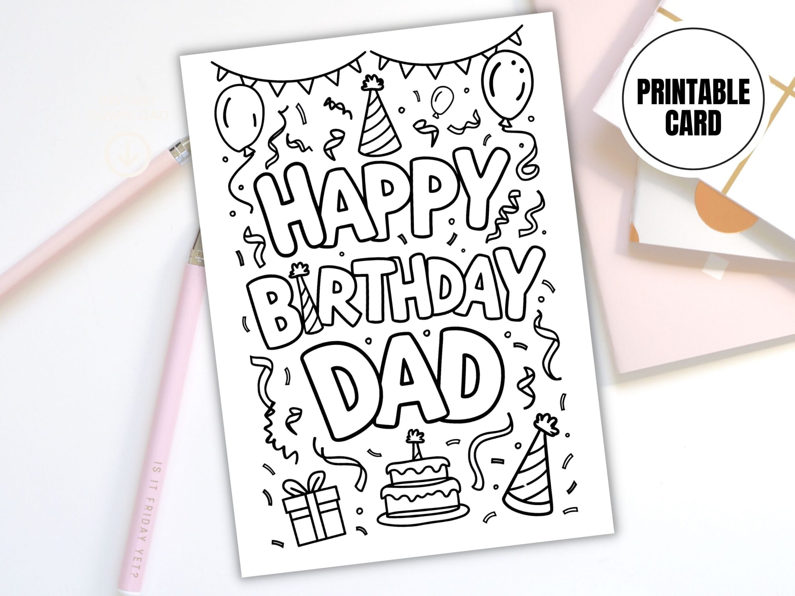 Happy Birthday Dad Printable Coloring Card Digital Download 