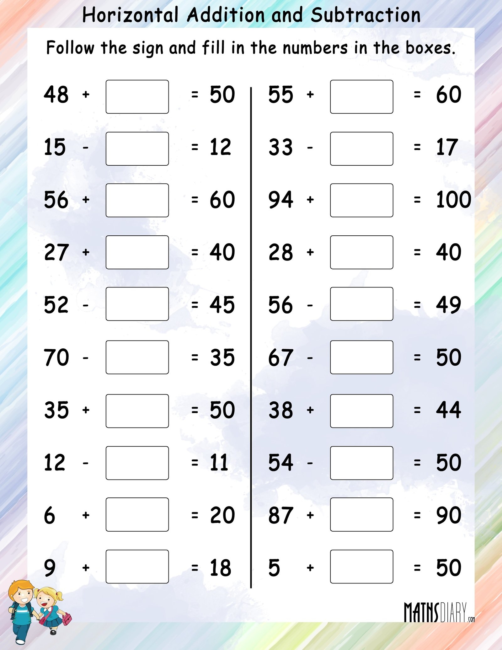 Horizontal Addition And Subtraction Math Worksheets MathsDiary