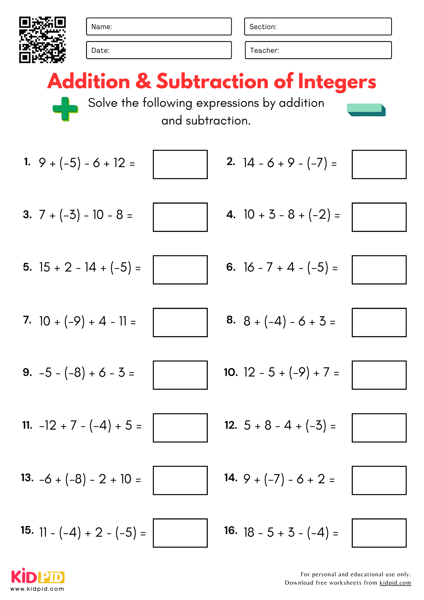 adding integers worksheets