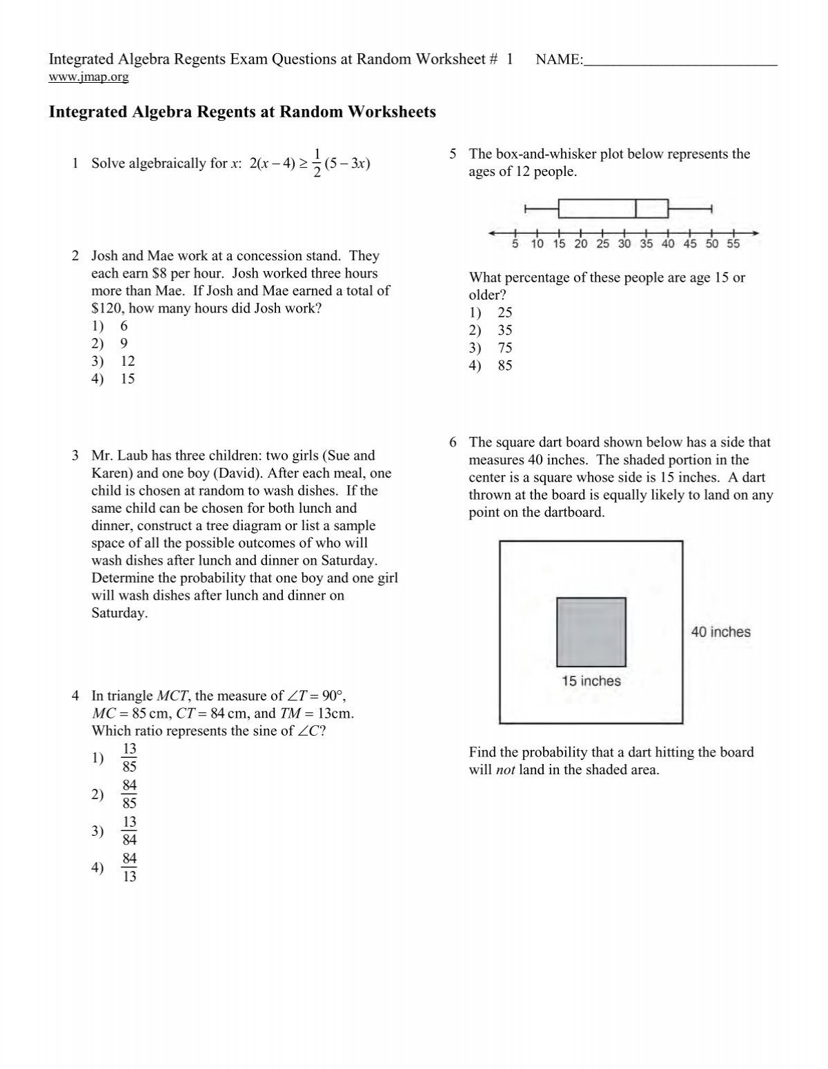 Integrated Algebra Regents At Random Worksheets