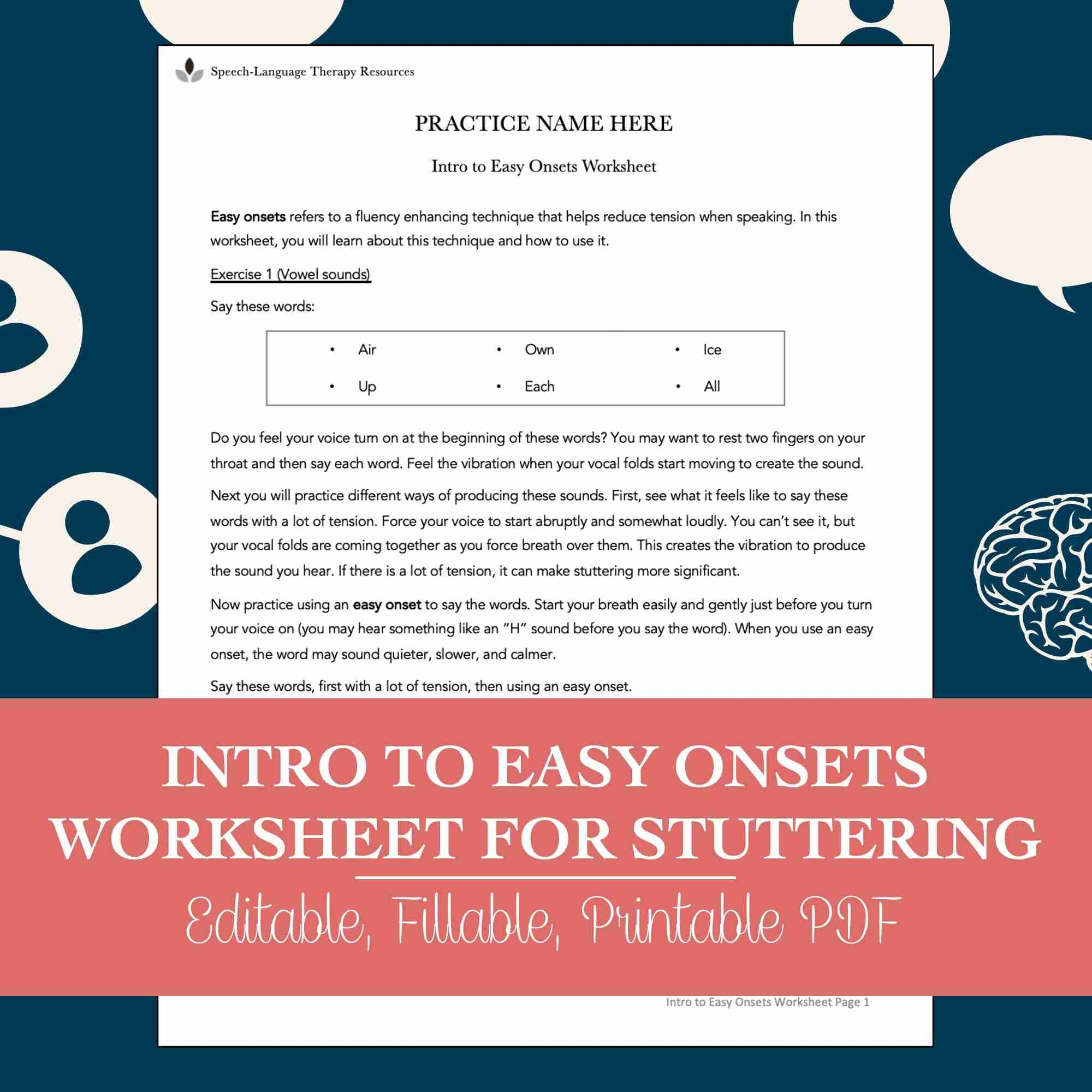 Intro To Easy Onsets Worksheet For Stuttering For Speech Therapy Editable Fillable Printable PDF 