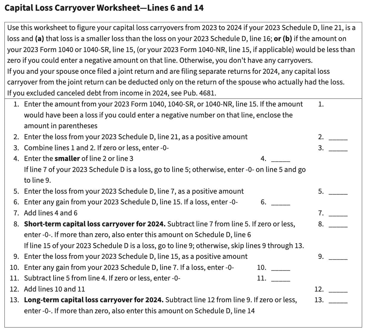 capital loss carryover worksheet 2023