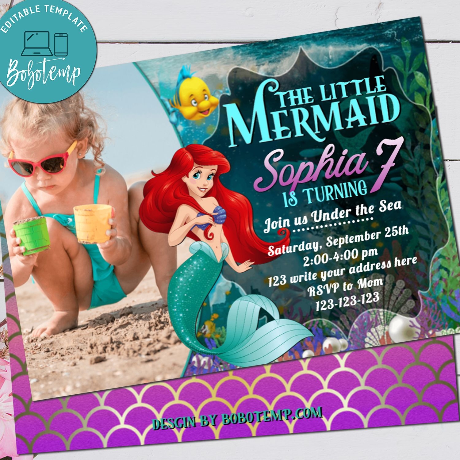 Little Mermaid Ariel Birthday Invitation Card With Picture DIY 
