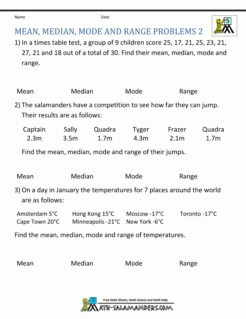 mean median and mode worksheets
