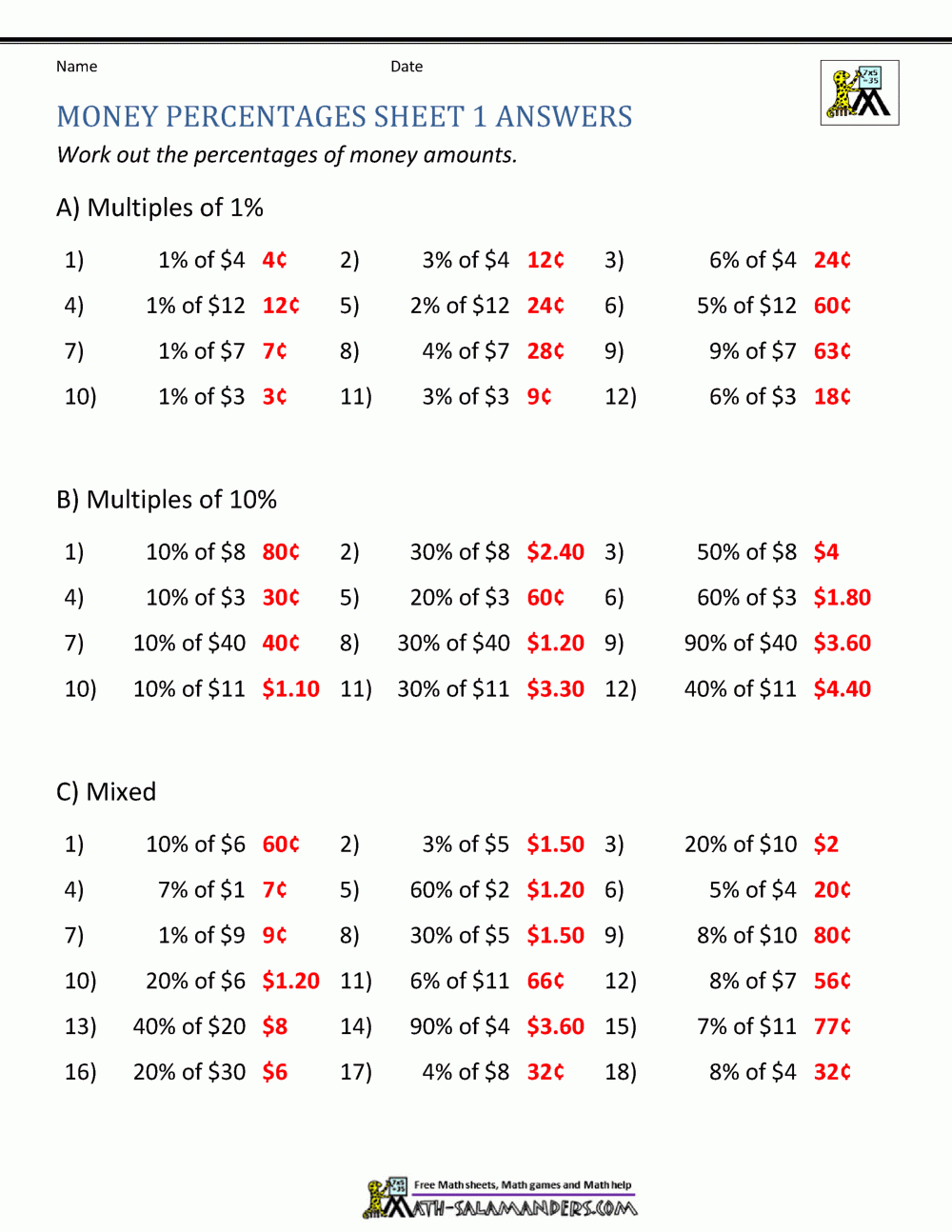 Money Percentage Worksheets