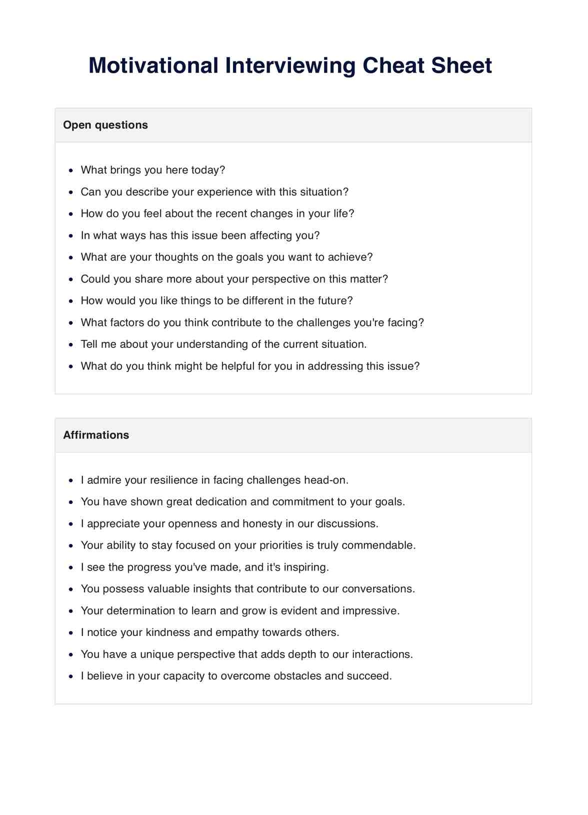 Motivational Interviewing Cheat Sheet U0026 Example Free PDF Download