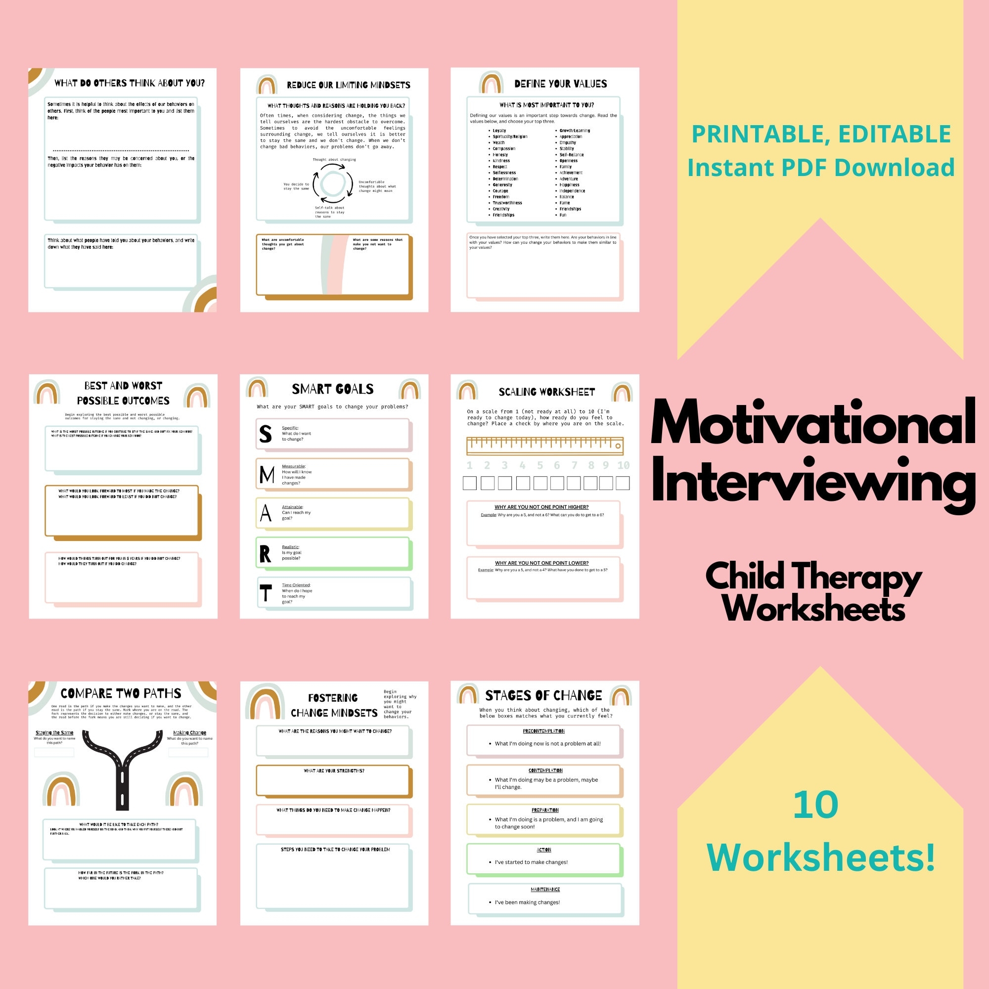 Motivational Interviewing Worksheet Bundle BOHO Child MI Therapy Worksheets Child Mental Health Making Change Kid Friendly Counseling Etsy