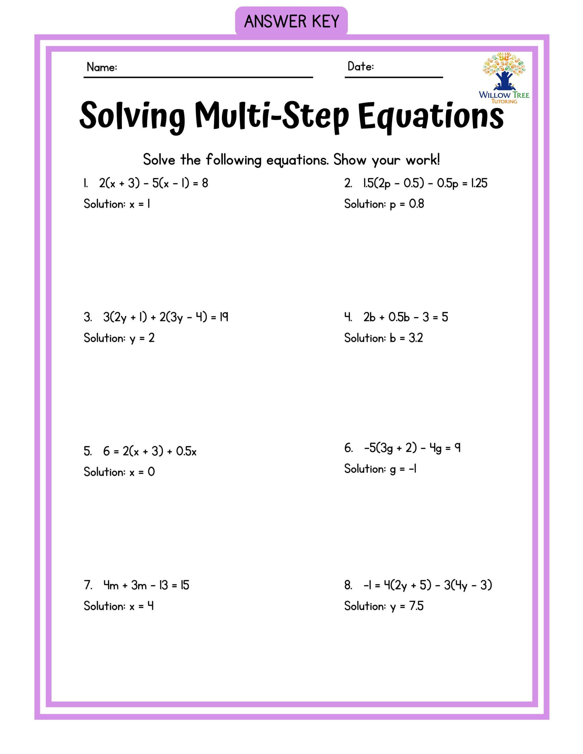Multi step Equations Worksheets Algebra 1 Workbook 18 Pages Etsy