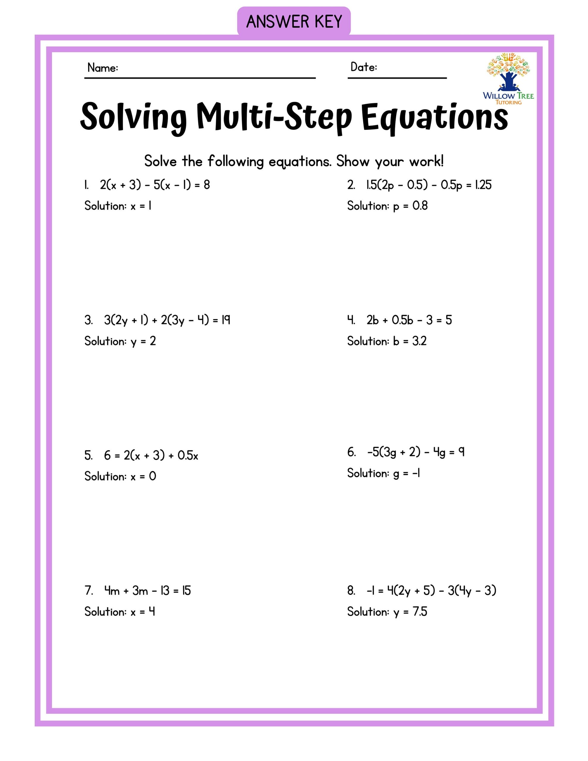 Multi step Equations Worksheets Algebra 1 Workbook 18 Pages Etsy