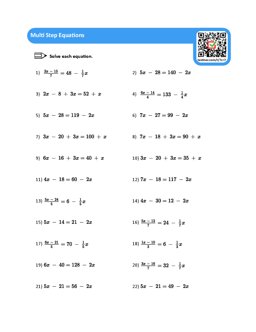multi step equation worksheet