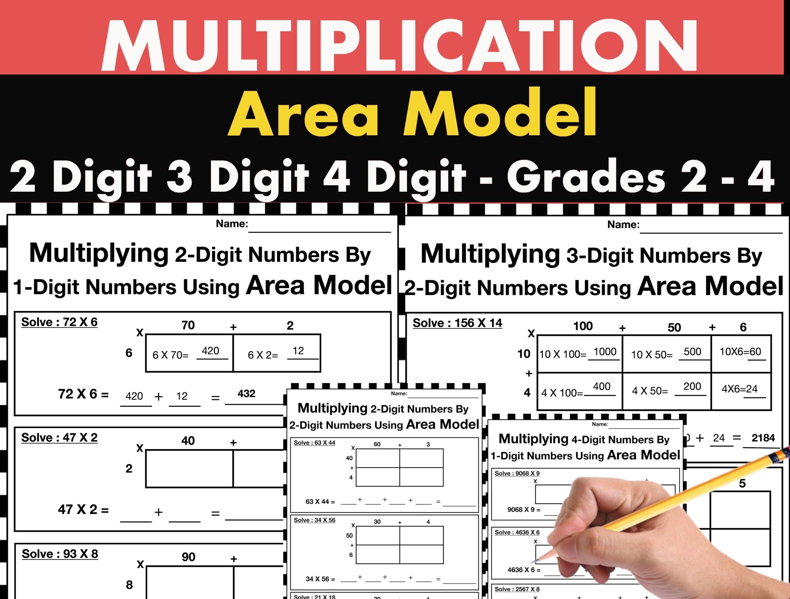 Multiplication Practice Worksheets Area Model Box Method 2nd 3rd 