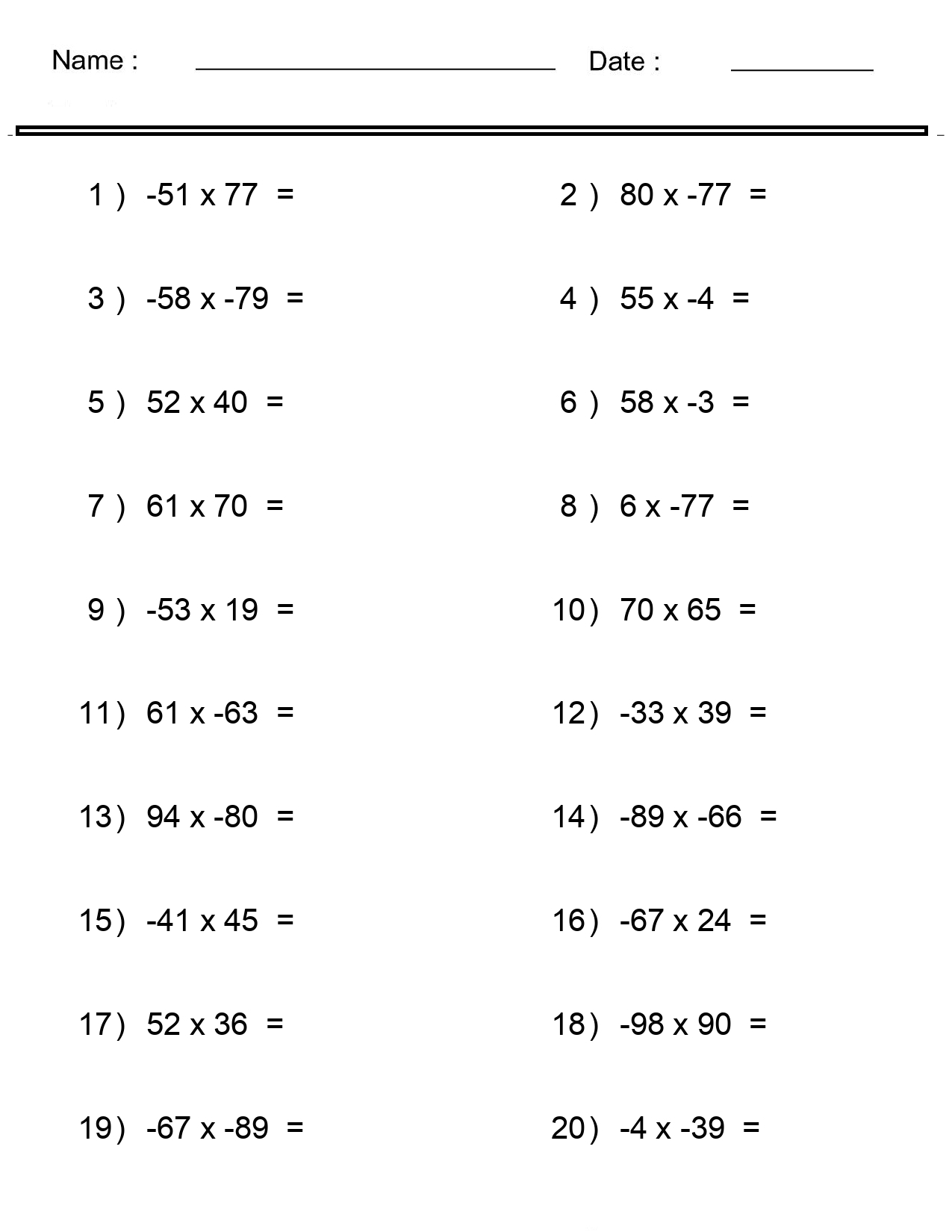 negative numbers worksheet